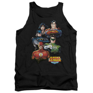 AN OFFCIALLY LICENSED JLA GROUP PORTRAIT ADULT UNISEX TANK TOP BLACK