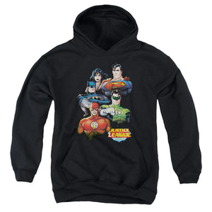 AN OFFCIALLY LICENSED JLA GROUP PORTRAIT YOUTH HOODIE BLACK