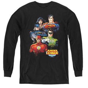 AN OFFCIALLY LICENSED JLA GROUP PORTRAIT YOUTH LONG SLEEVE T-SHIRT BLACK