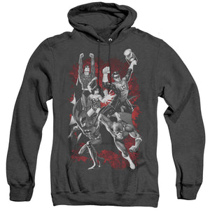 AN OFFCIALLY LICENSED JLA JLA EXPLOSION ADULT UNISEX HEATHER PULLOVER HOODIE BLACK