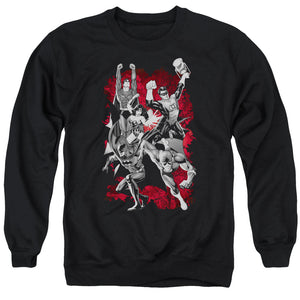 AN OFFCIALLY LICENSED JLA JLA EXPLOSION ADULT UNISEX CREWNECK SWEATSHIRT BLACK