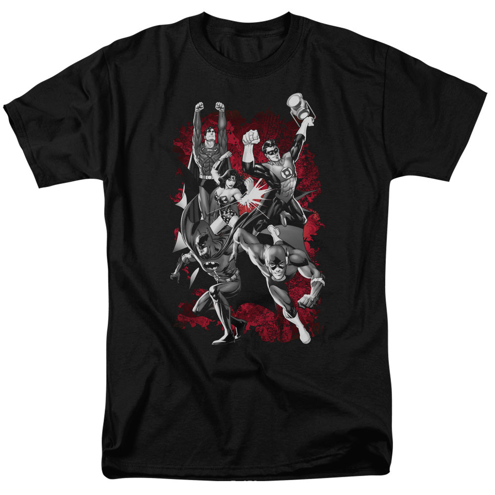 AN OFFCIALLY LICENSED JLA JLA EXPLOSION MEN'S REGULAR FIT T-SHIRT BLACK