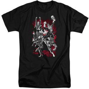 AN OFFCIALLY LICENSED JLA JLA EXPLOSION MEN'S TALL FIT T-SHIRT BLACK