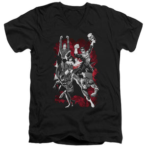 AN OFFCIALLY LICENSED JLA JLA EXPLOSION MEN'S V-NECK T-SHIRT BLACK