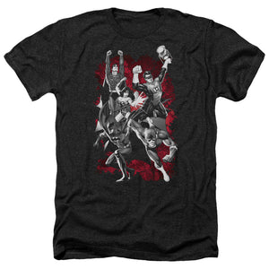 AN OFFCIALLY LICENSED JLA JLA EXPLOSION MEN'S HEATHER T-SHIRT CHARCOAL