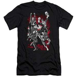 AN OFFCIALLY LICENSED JLA JLA EXPLOSION MEN'S PREMIUM SLIM FIT T-SHIRT BLACK