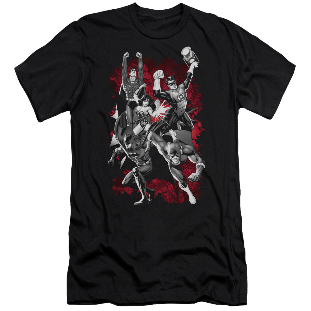 AN OFFCIALLY LICENSED JLA JLA EXPLOSION MEN'S PREMIUM SLIM FIT T-SHIRT BLACK