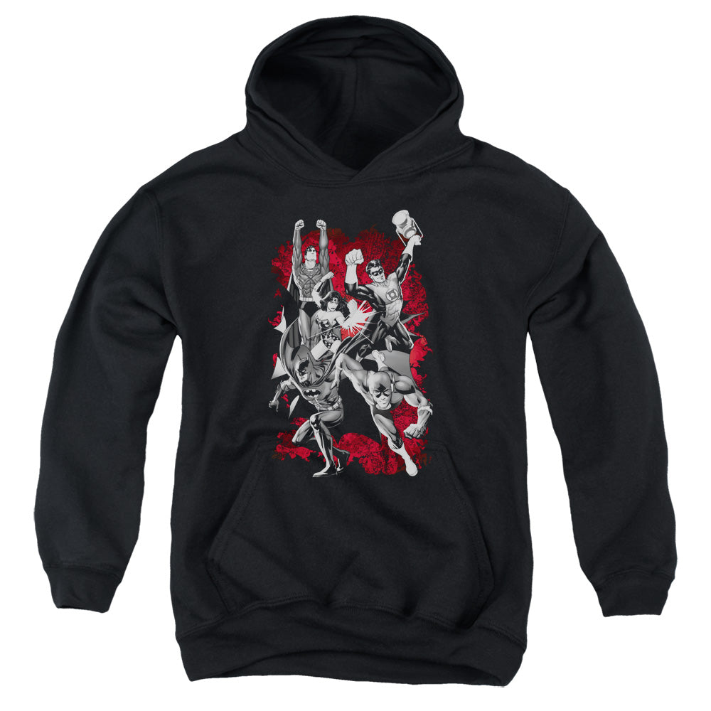 AN OFFCIALLY LICENSED JLA JLA EXPLOSION YOUTH HOODIE BLACK