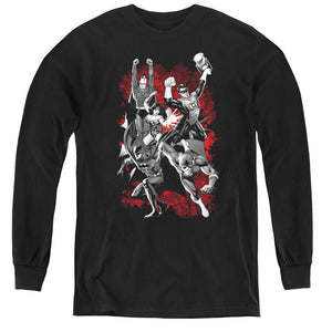 AN OFFCIALLY LICENSED JLA JLA EXPLOSION YOUTH LONG SLEEVE T-SHIRT BLACK