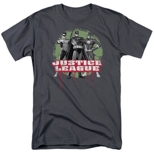 AN OFFCIALLY LICENSED JLA JLA TRIO MEN'S REGULAR FIT T-SHIRT CHARCOAL