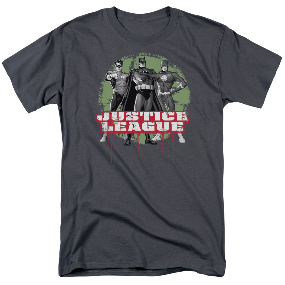 AN OFFCIALLY LICENSED JLA JLA TRIO MEN'S REGULAR FIT T-SHIRT CHARCOAL