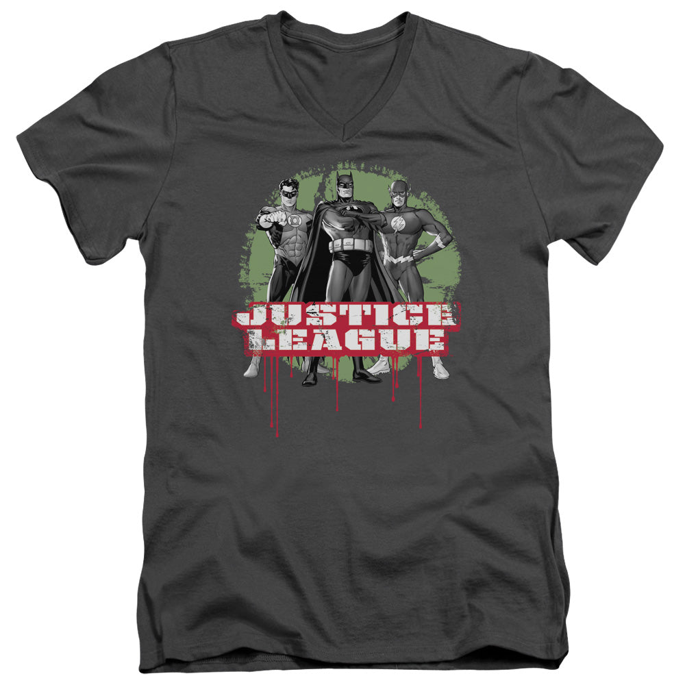 AN OFFCIALLY LICENSED JLA JLA TRIO MEN'S V-NECK T-SHIRT CHARCOAL