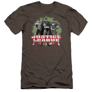 AN OFFCIALLY LICENSED JLA JLA TRIO MEN'S PREMIUM SLIM FIT T-SHIRT CHARCOAL