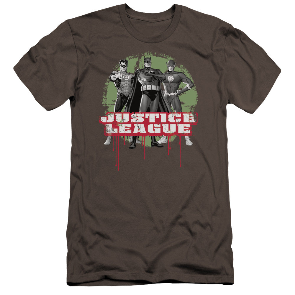 AN OFFCIALLY LICENSED JLA JLA TRIO MEN'S PREMIUM SLIM FIT T-SHIRT CHARCOAL