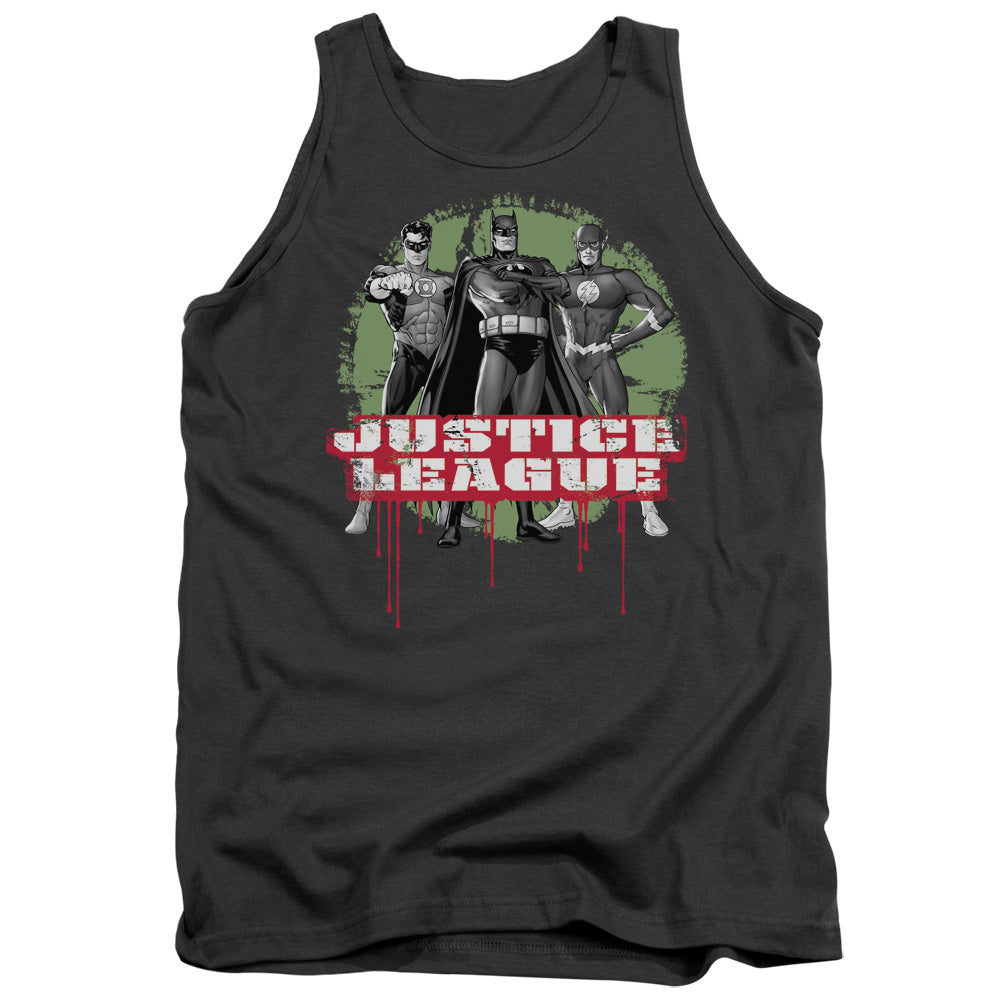 AN OFFCIALLY LICENSED JLA JLA TRIO ADULT UNISEX TANK TOP CHARCOAL