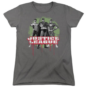 AN OFFCIALLY LICENSED JLA JLA TRIO WOMEN'S REGULAR FIT T-SHIRT CHARCOAL