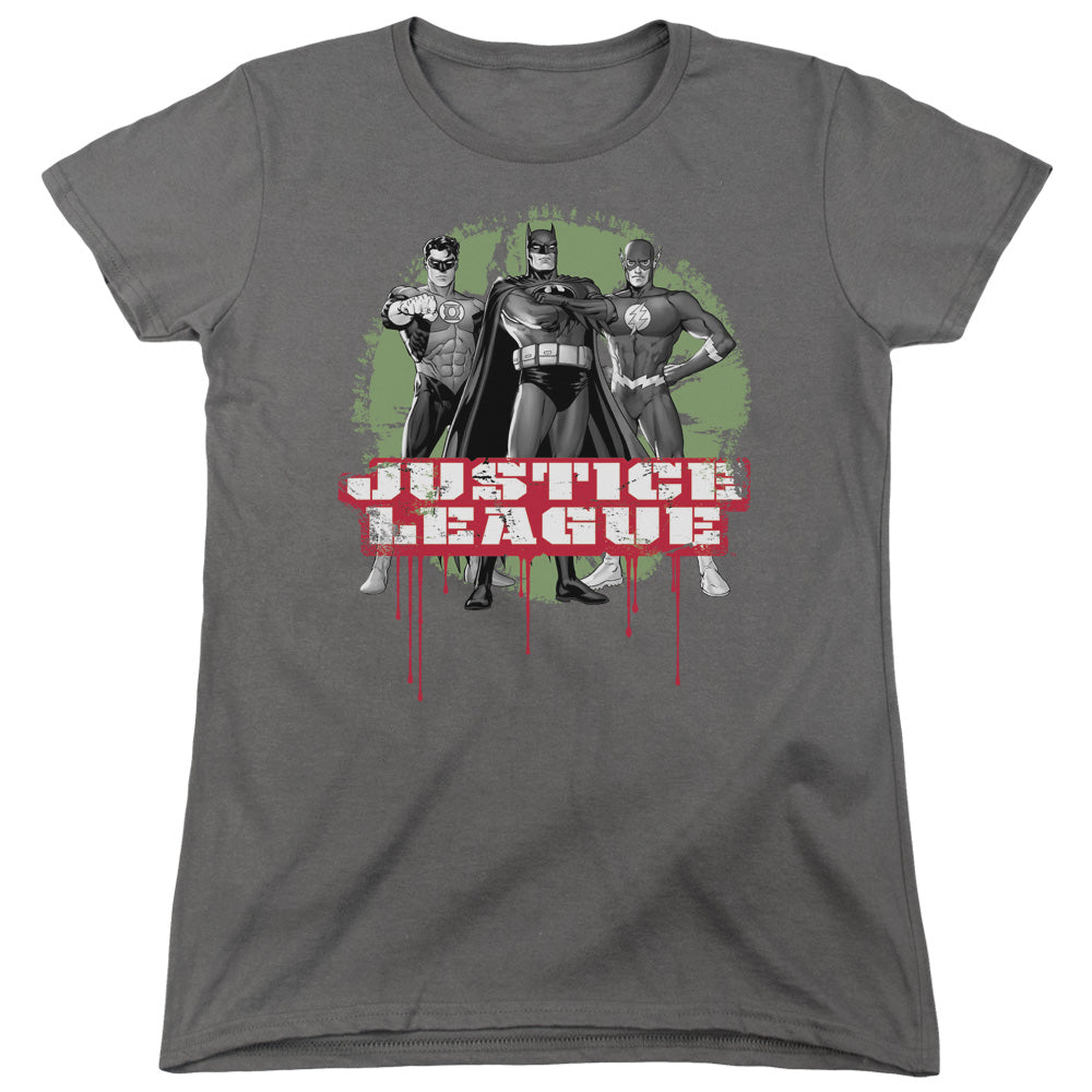 AN OFFCIALLY LICENSED JLA JLA TRIO WOMEN'S REGULAR FIT T-SHIRT CHARCOAL