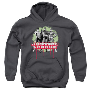 AN OFFCIALLY LICENSED JLA JLA TRIO YOUTH HOODIE CHARCOAL
