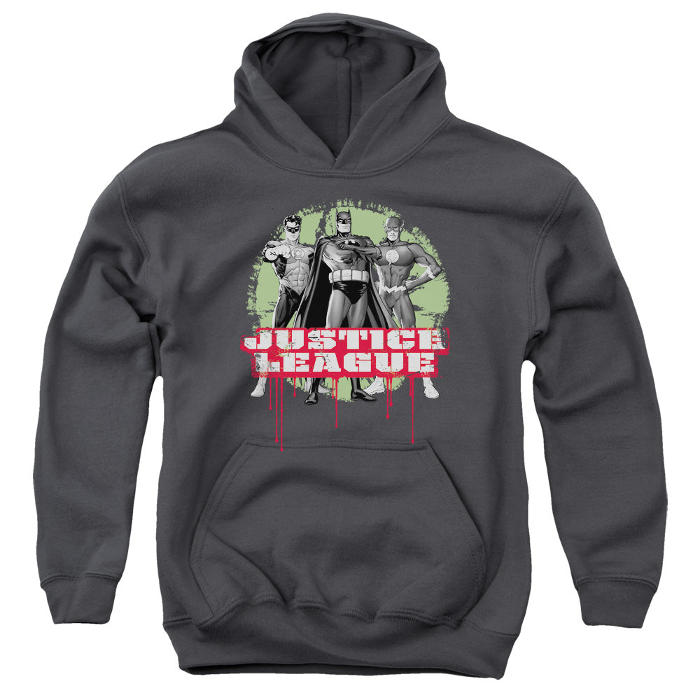 AN OFFCIALLY LICENSED JLA JLA TRIO YOUTH HOODIE CHARCOAL