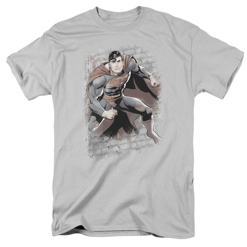 AN OFFCIALLY LICENSED JLA SUPERMAN BRICKS MEN'S REGULAR FIT T-SHIRT SILVER