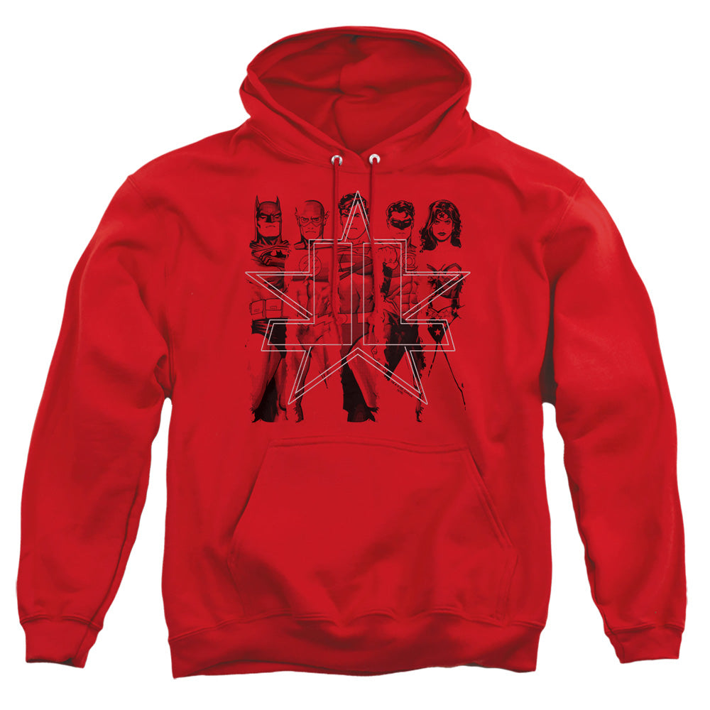 AN OFFCIALLY LICENSED JLA FIVE STARS ADULT UNISEX PULLOVER HOODIE RED