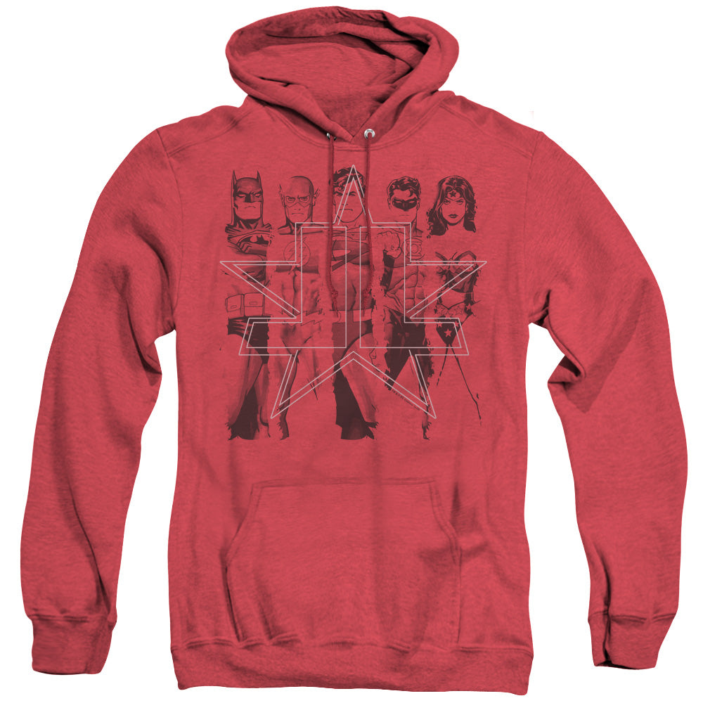 AN OFFCIALLY LICENSED JLA FIVE STARS ADULT UNISEX HEATHER PULLOVER HOODIE RED