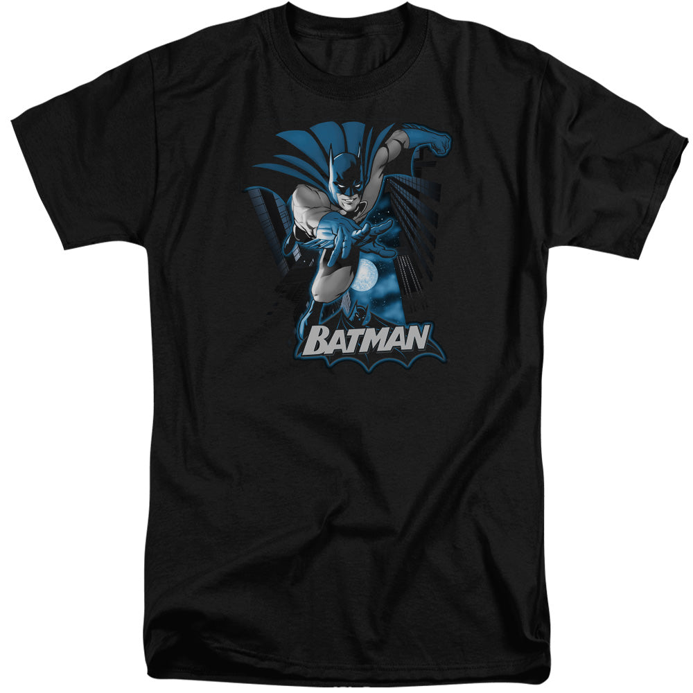 AN OFFCIALLY LICENSED JLA BATMAN BLUE & GRAY MEN'S TALL FIT T-SHIRT BLACK