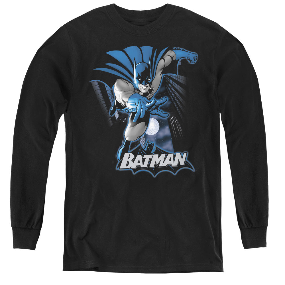 AN OFFCIALLY LICENSED JLA BATMAN BLUE & GRAY YOUTH LONG SLEEVE T-SHIRT BLACK
