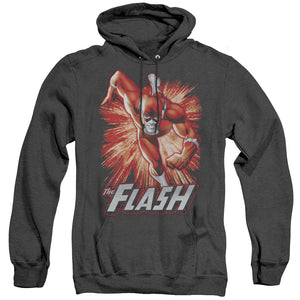 AN OFFCIALLY LICENSED JLA FLASH RED & GRAY ADULT UNISEX HEATHER PULLOVER HOODIE BLACK