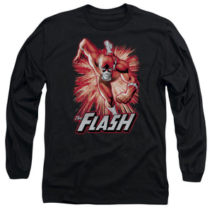AN OFFCIALLY LICENSED JLA FLASH RED & GRAY MEN'S LONG SLEEVE T-SHIRT BLACK