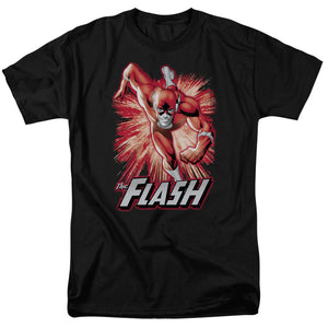 AN OFFCIALLY LICENSED JLA FLASH RED & GRAY MEN'S REGULAR FIT T-SHIRT BLACK