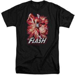 AN OFFCIALLY LICENSED JLA FLASH RED & GRAY MEN'S TALL FIT T-SHIRT BLACK