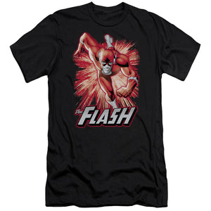 AN OFFCIALLY LICENSED JLA FLASH RED & GRAY MEN'S PREMIUM SLIM FIT T-SHIRT BLACK