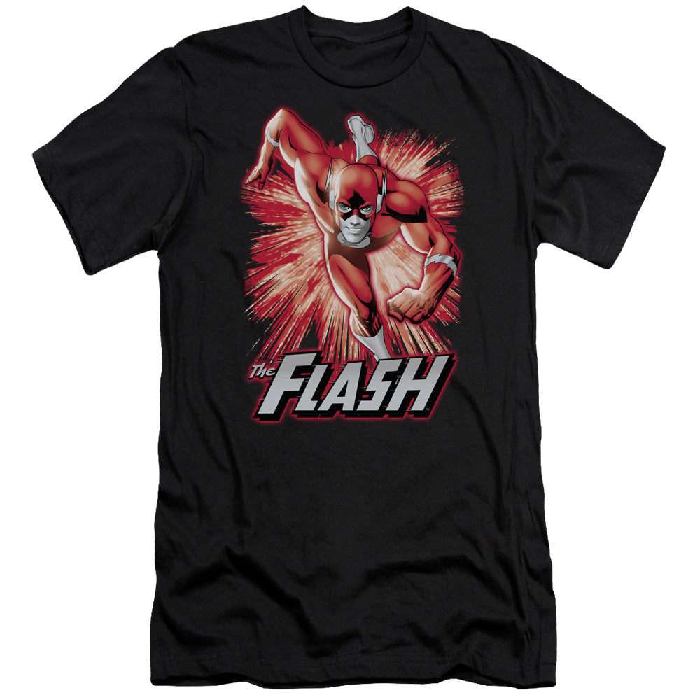 AN OFFCIALLY LICENSED JLA FLASH RED & GRAY MEN'S PREMIUM SLIM FIT T-SHIRT BLACK
