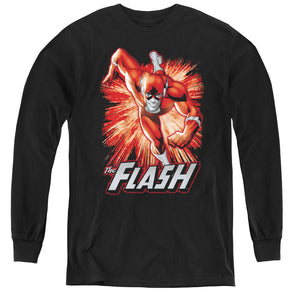 AN OFFCIALLY LICENSED JLA FLASH RED & GRAY YOUTH LONG SLEEVE T-SHIRT BLACK