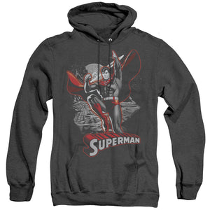 AN OFFCIALLY LICENSED JLA SUPERMAN RED & GRAY ADULT UNISEX HEATHER PULLOVER HOODIE BLACK