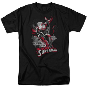 AN OFFCIALLY LICENSED JLA SUPERMAN RED & GRAY MEN'S REGULAR FIT T-SHIRT BLACK