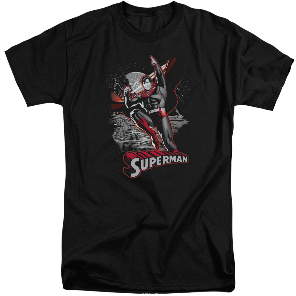AN OFFCIALLY LICENSED JLA SUPERMAN RED & GRAY MEN'S TALL FIT T-SHIRT BLACK