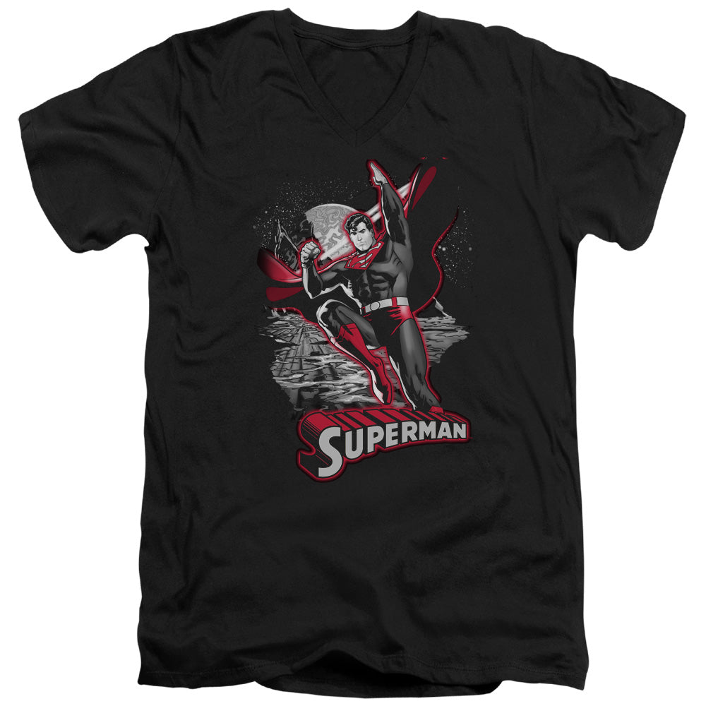 AN OFFCIALLY LICENSED JLA SUPERMAN RED & GRAY MEN'S V-NECK T-SHIRT BLACK