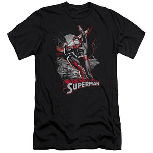 AN OFFCIALLY LICENSED JLA SUPERMAN RED & GRAY MEN'S PREMIUM SLIM FIT T-SHIRT BLACK