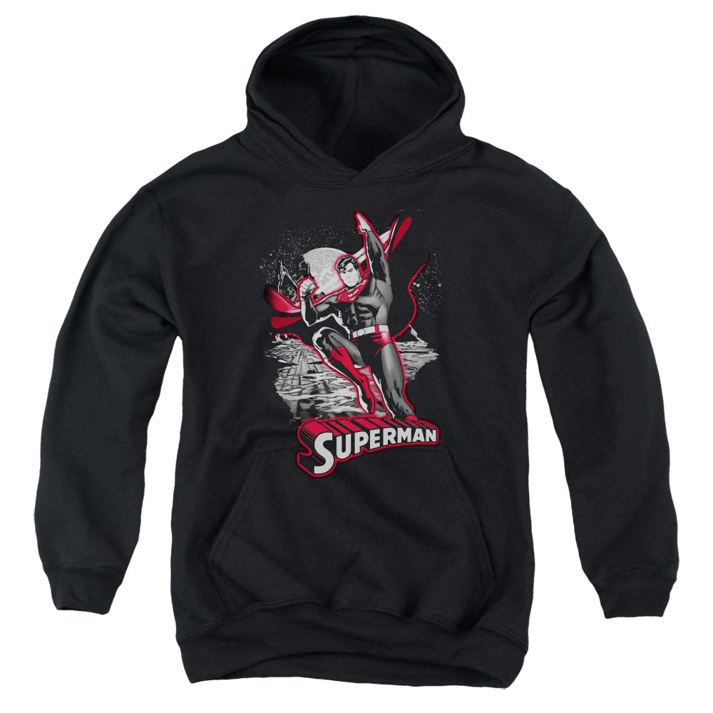 AN OFFCIALLY LICENSED JLA SUPERMAN RED & GRAY YOUTH HOODIE BLACK