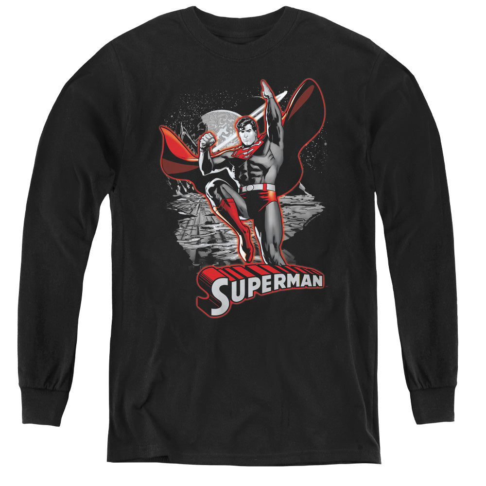 AN OFFCIALLY LICENSED JLA SUPERMAN RED & GRAY YOUTH LONG SLEEVE T-SHIRT BLACK