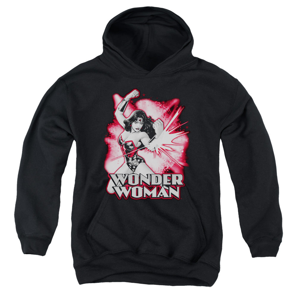 AN OFFCIALLY LICENSED JLA WONDER WOMAN RED AND GRAY YOUTH HOODIE BLACK