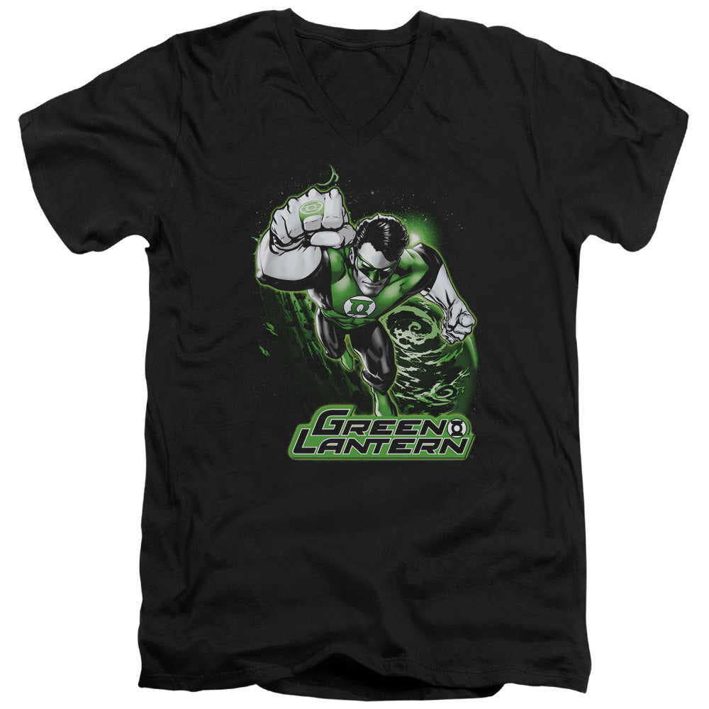 AN OFFCIALLY LICENSED JLA GREEN LANTERN GREEN & GRAY MEN'S V-NECK T-SHIRT BLACK