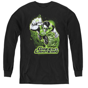 AN OFFCIALLY LICENSED JLA GREEN LANTERN GREEN & GRAY YOUTH LONG SLEEVE T-SHIRT BLACK
