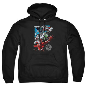 AN OFFCIALLY LICENSED JLA GALACTIC ATTACK ADULT UNISEX PULLOVER HOODIE BLACK