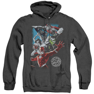 AN OFFCIALLY LICENSED JLA GALACTIC ATTACK ADULT UNISEX HEATHER PULLOVER HOODIE BLACK