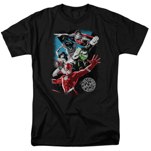 AN OFFCIALLY LICENSED JLA GALACTIC ATTACK MEN'S REGULAR FIT T-SHIRT BLACK