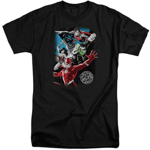 AN OFFCIALLY LICENSED JLA GALACTIC ATTACK MEN'S TALL FIT T-SHIRT BLACK