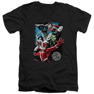 AN OFFCIALLY LICENSED JLA GALACTIC ATTACK MEN'S V-NECK T-SHIRT BLACK